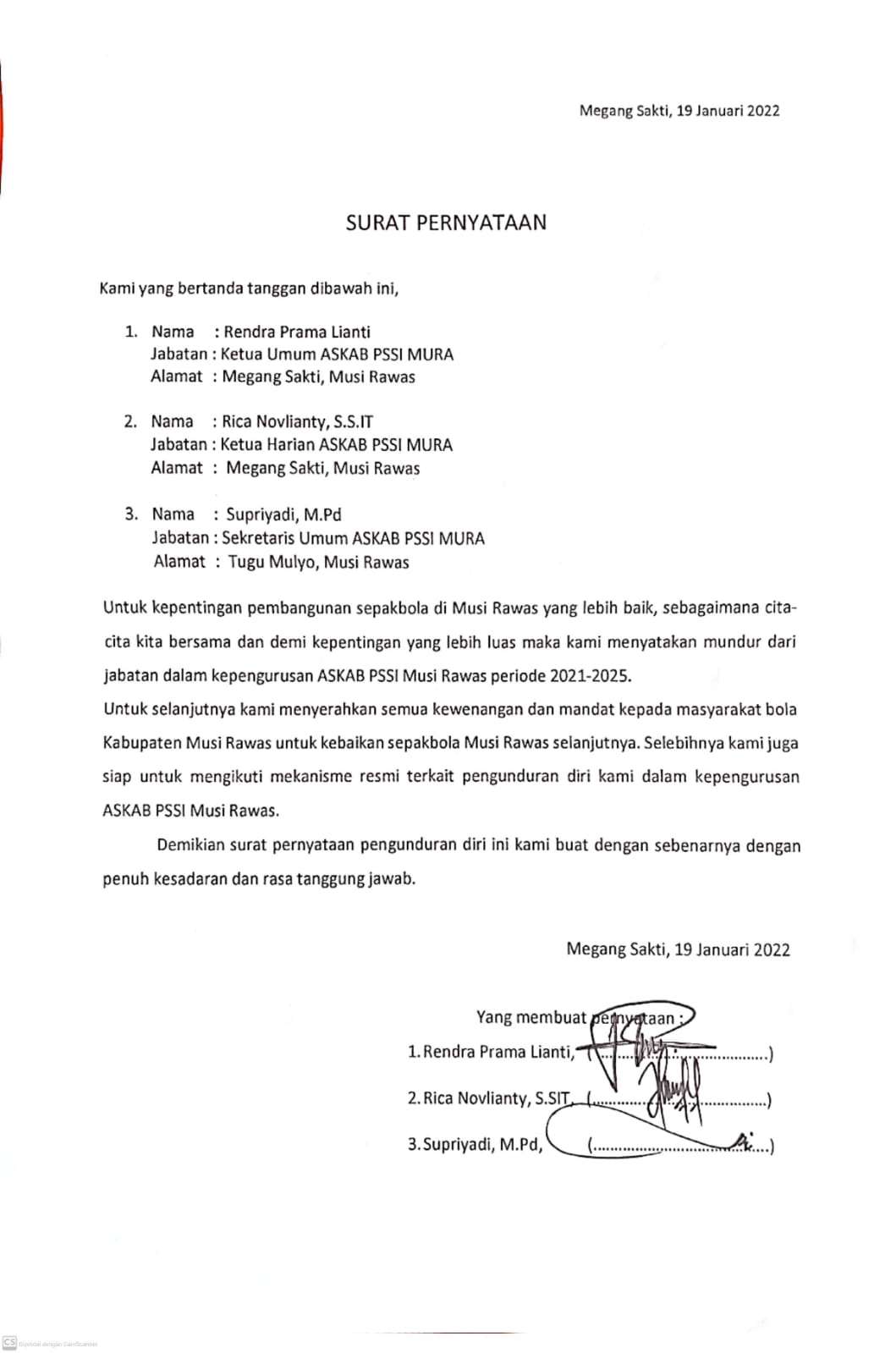 Mengejutkan, Ketua PSSI Mura, Ketua Harian dan Sekretaris Mengundurkan Diri