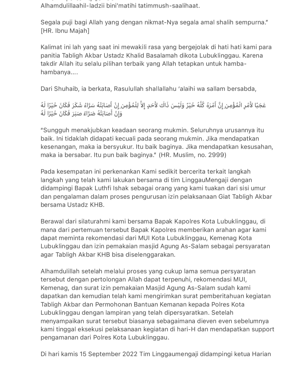 Press Release Linggau Mengaji Terkait Kedatangan Ustadz Khalid Basalamah